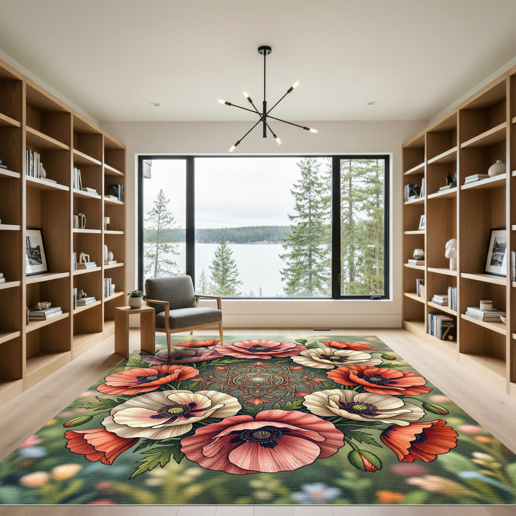 Vibrant Floral Poppies with Ornate Medallion Rug