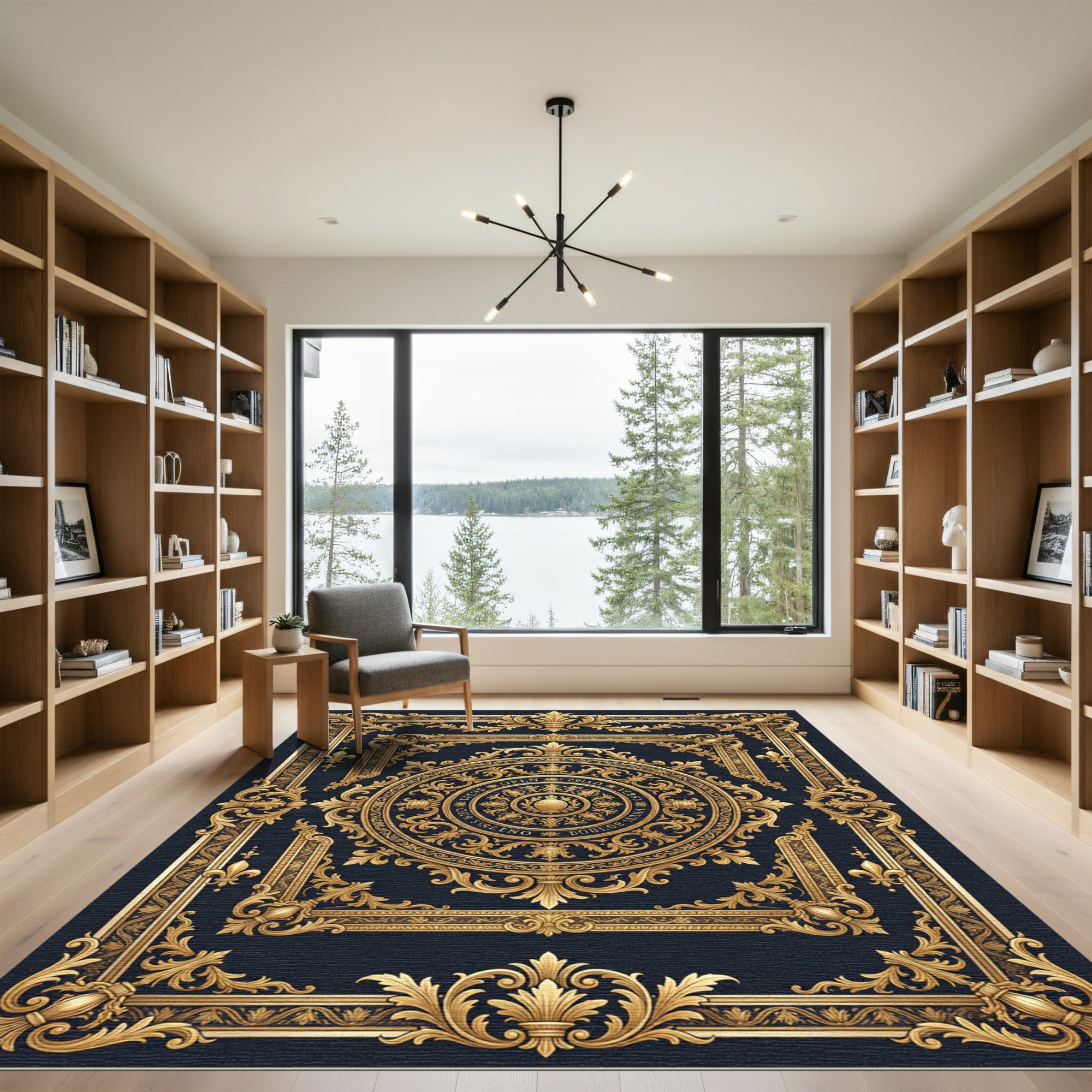 Ornate Gold Emblem Black Scrollwork Rug