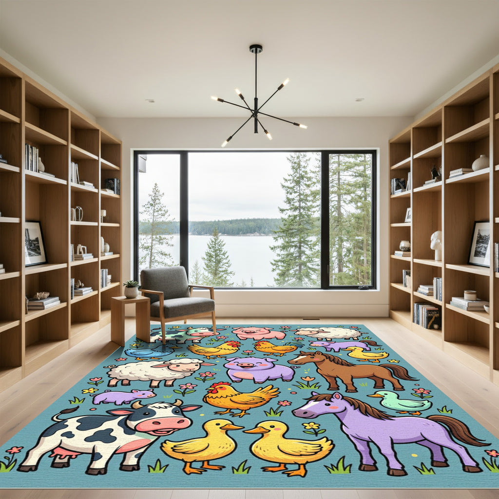 Whimsical Pasture Animals and Floral Meadow Rug