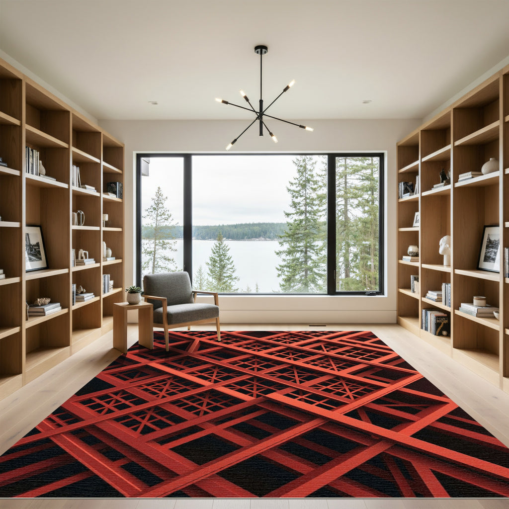 Modern Crimson Geometric Intersecting Grid Rug