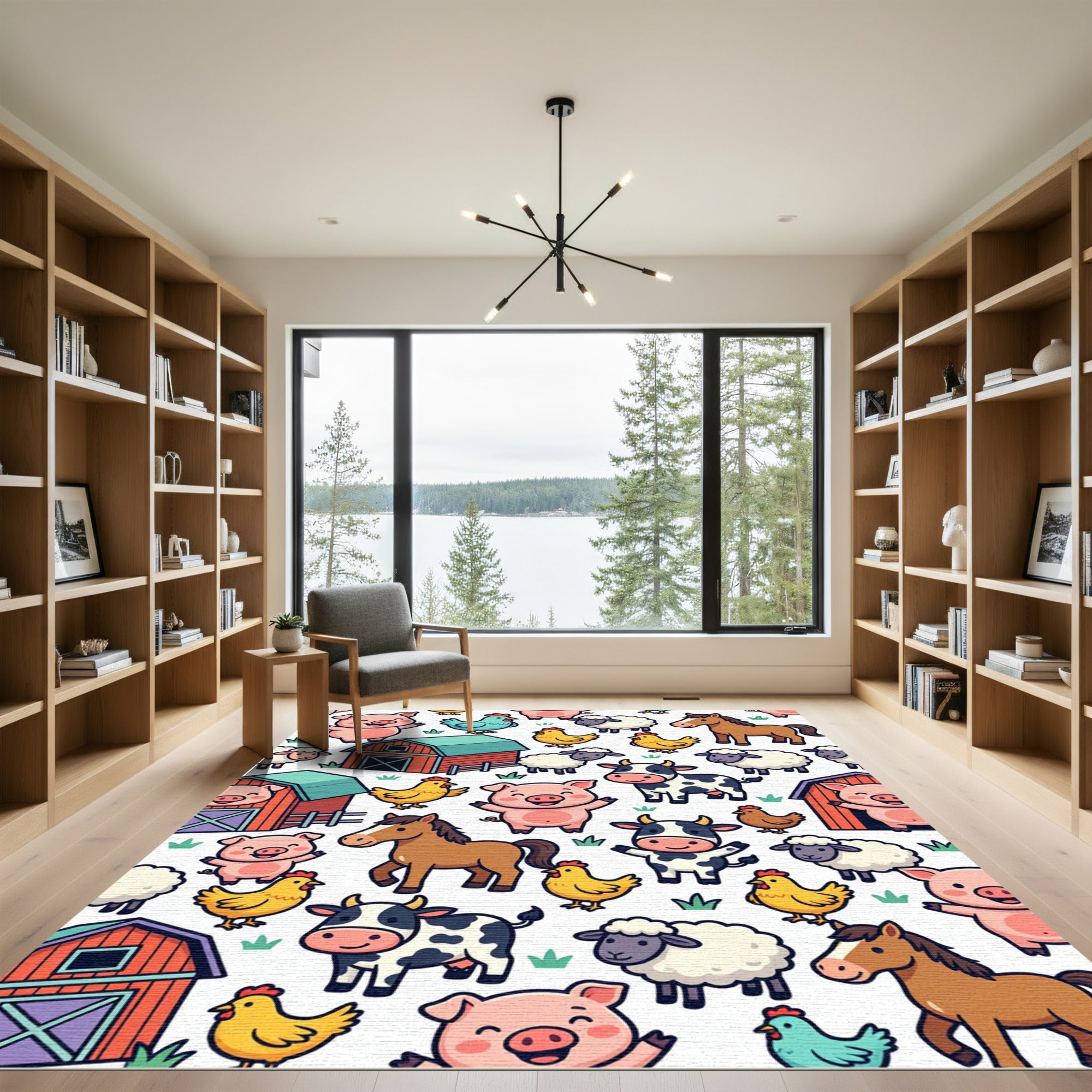 Colorful Farm Animal Character Scene Rug