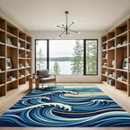 Japanese Inspired Deep Blue Ocean Waves Rug