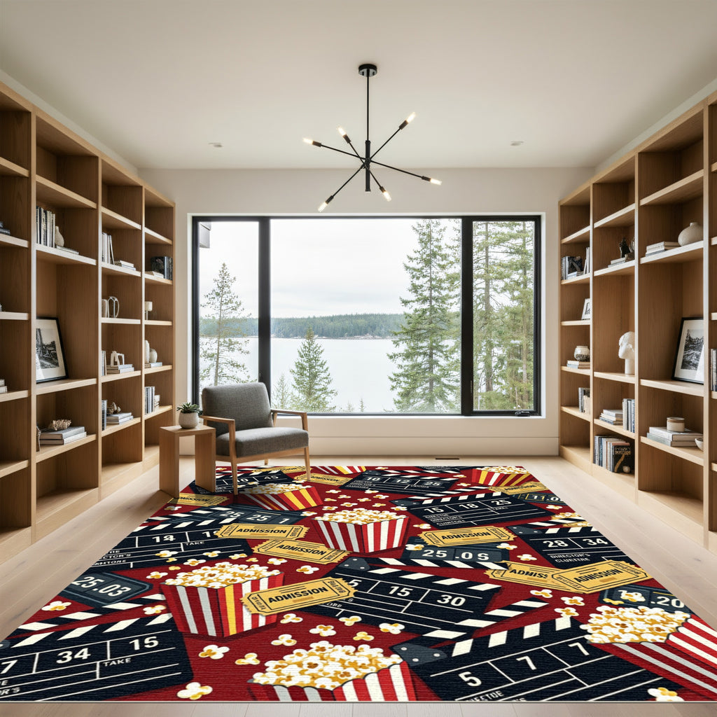 Cinema Popcorn and Clapperboard Red Rug