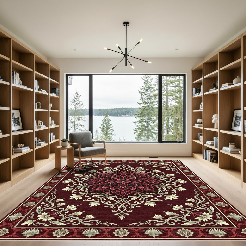 Deep Crimson Floral Lotus Medallion Rug