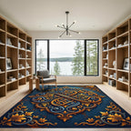 Ornate Teal Gold Swirl Floral Rug