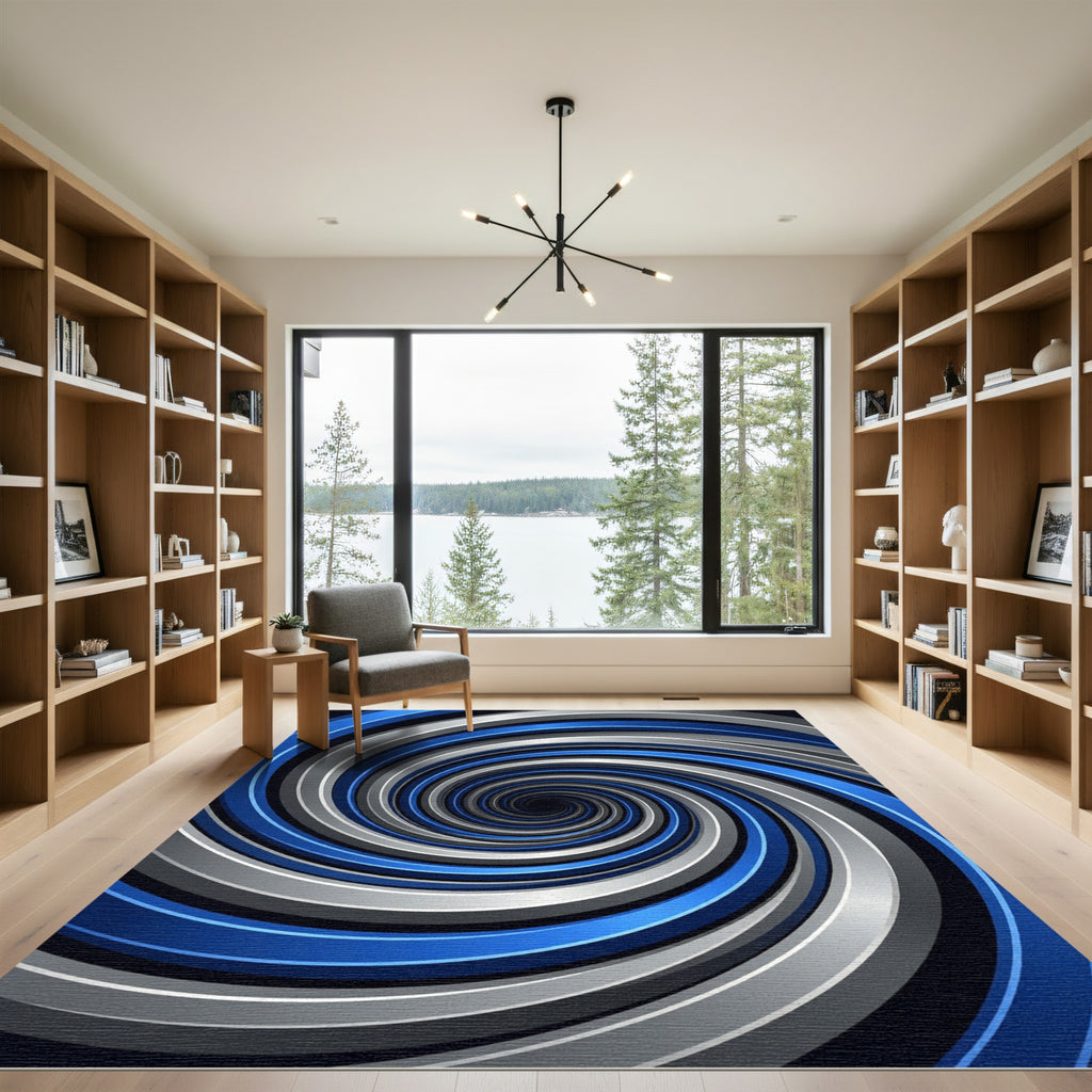 Modern Metallic Blue Silver Swirl Rug