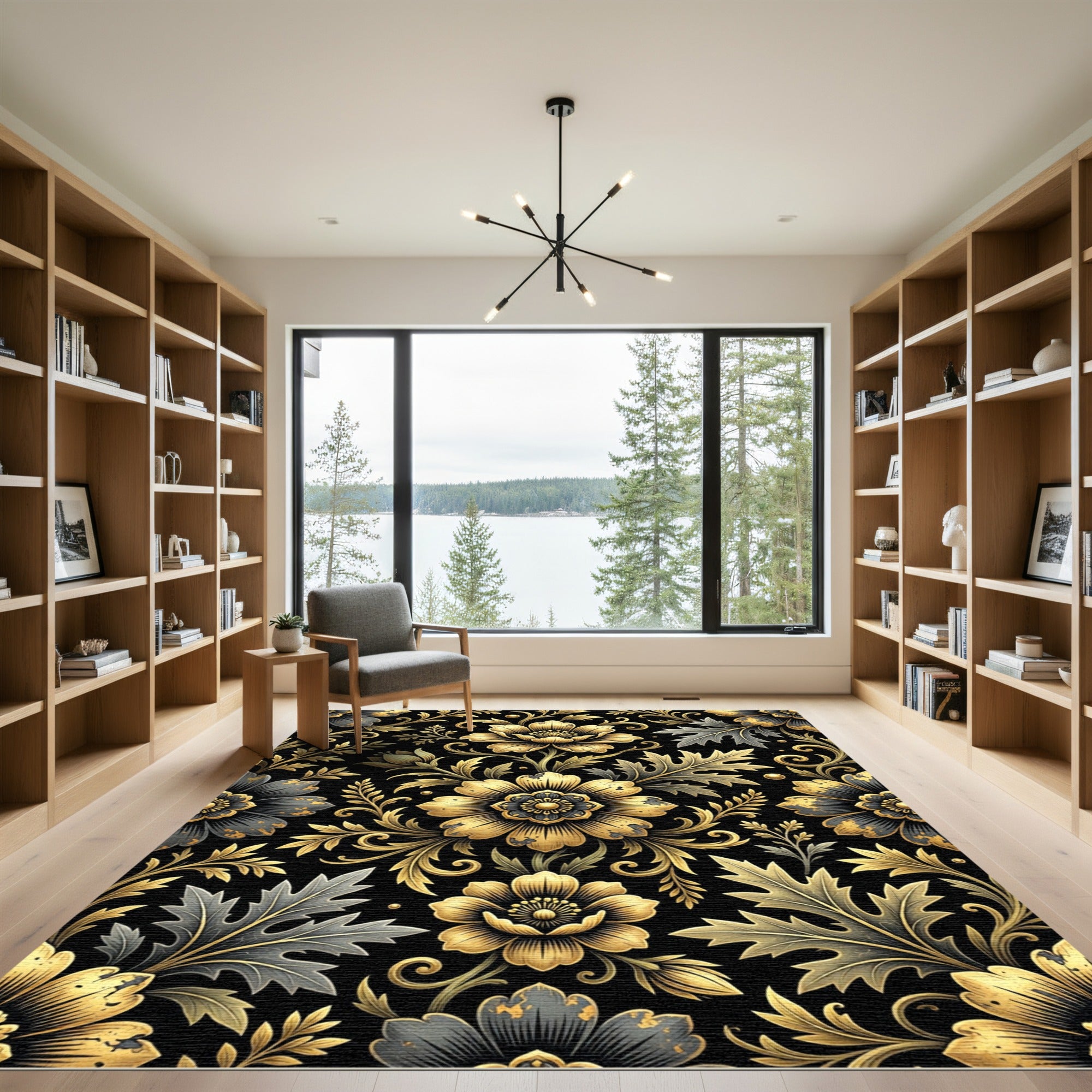 Golden Floral Damask Noir Accents Rug