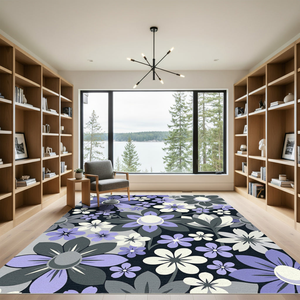 Modern Lavender and Slate Floral Art Rug