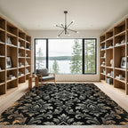 Ornate Black Gold Flourish Damask Rug