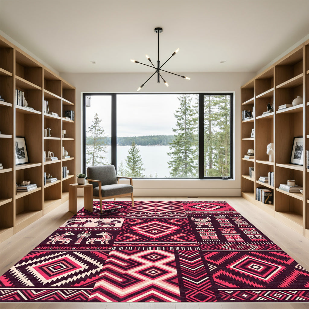 Pink Crimson Tribal Geometric Collage Rug