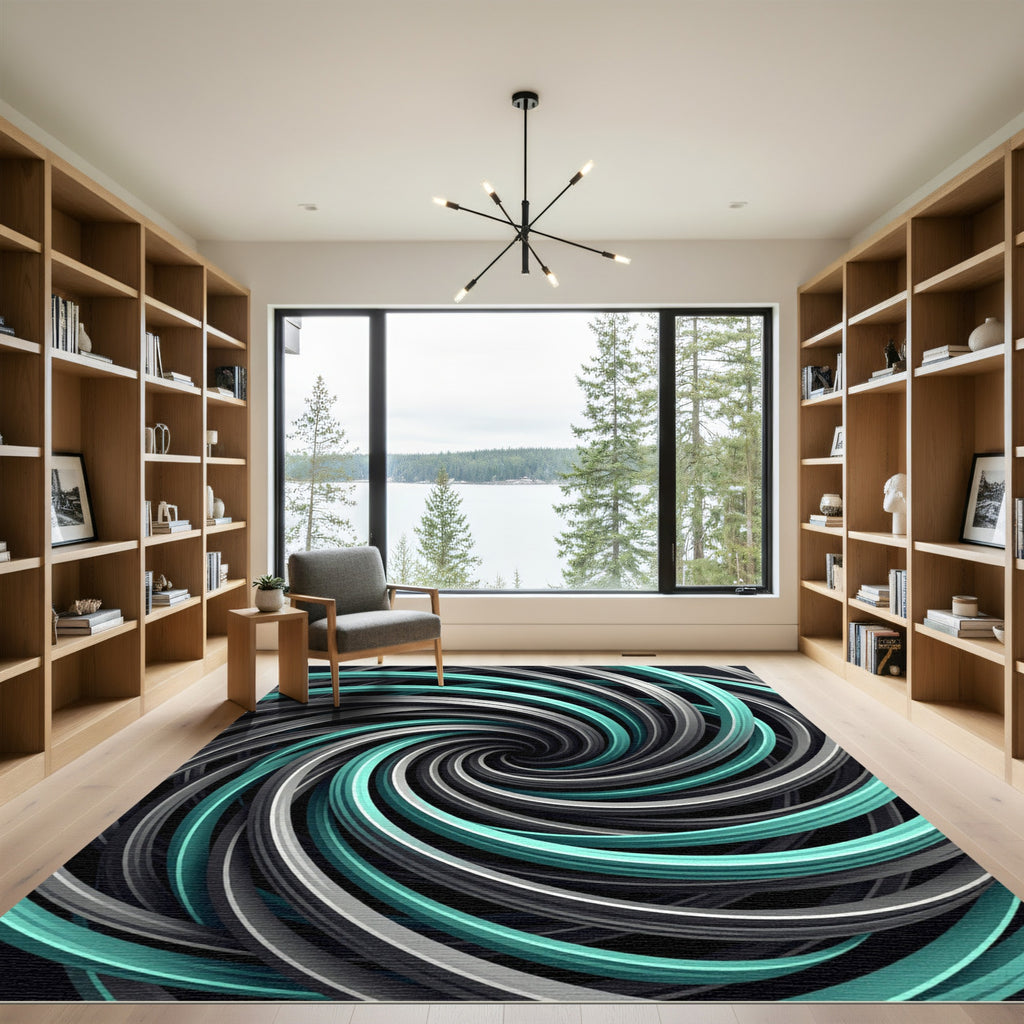 Modern Teal and Silver Swirl Spiral Rug
