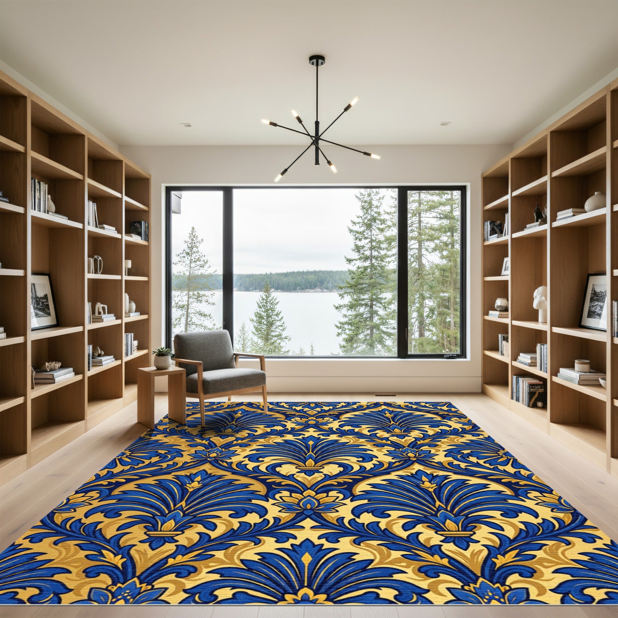 Royal Blue Golden Damask Floral Rug