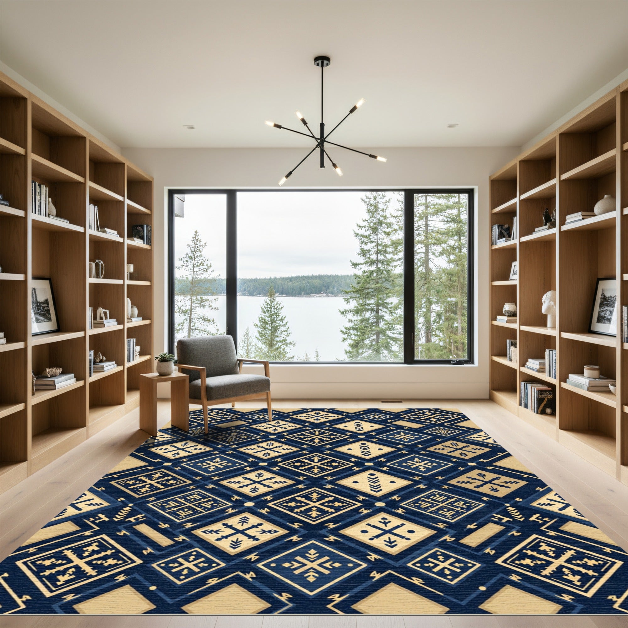 Navy Gold Diamond Geometric Tapestry Rug