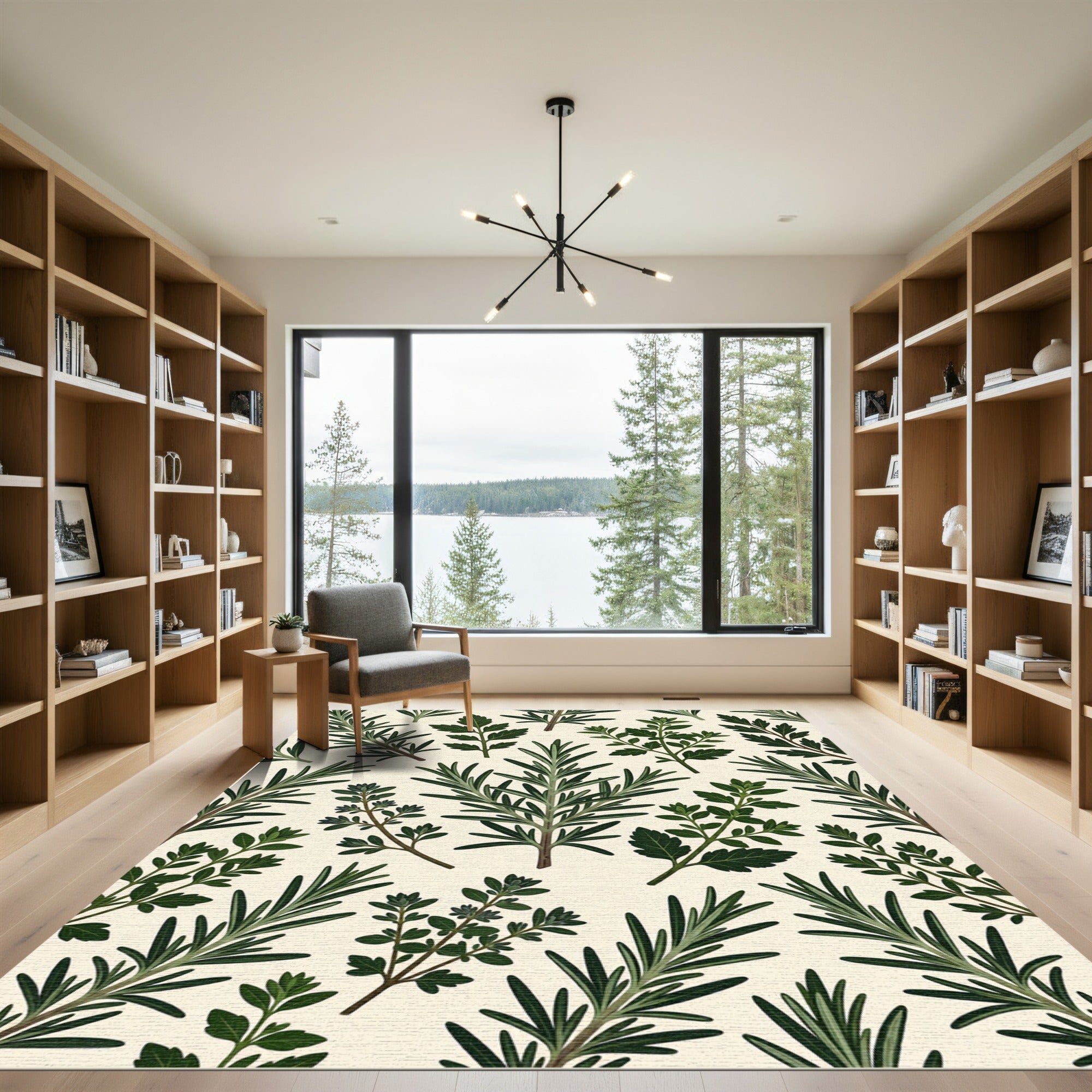 Lush Green Botanical Rosemary Herb Illustration Rug
