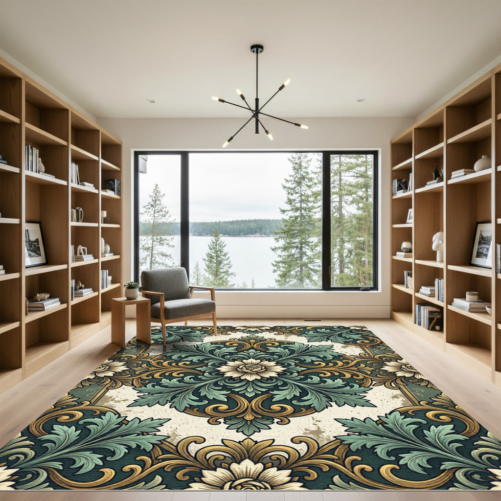 Elegant Sage and Gold Floral Medallion Rug