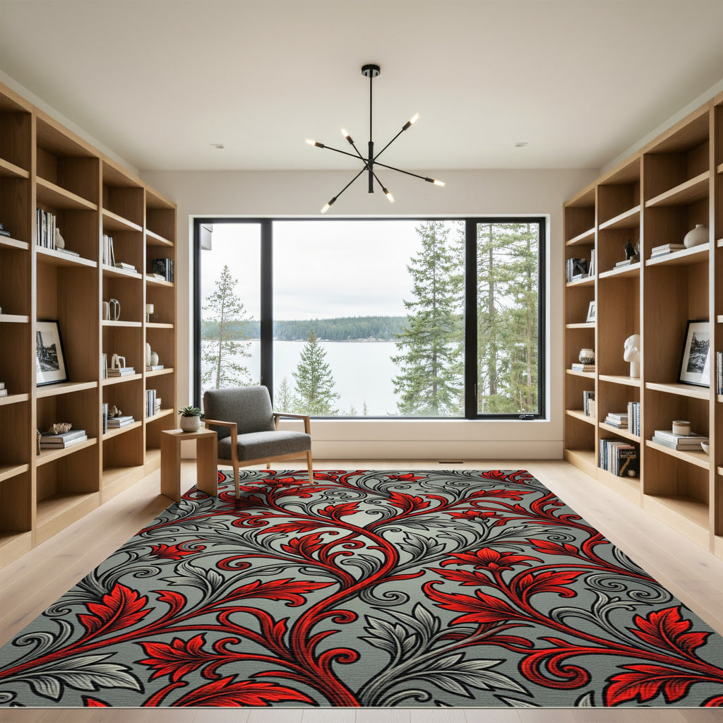 Crimson Red Floral Vine Scroll Rug
