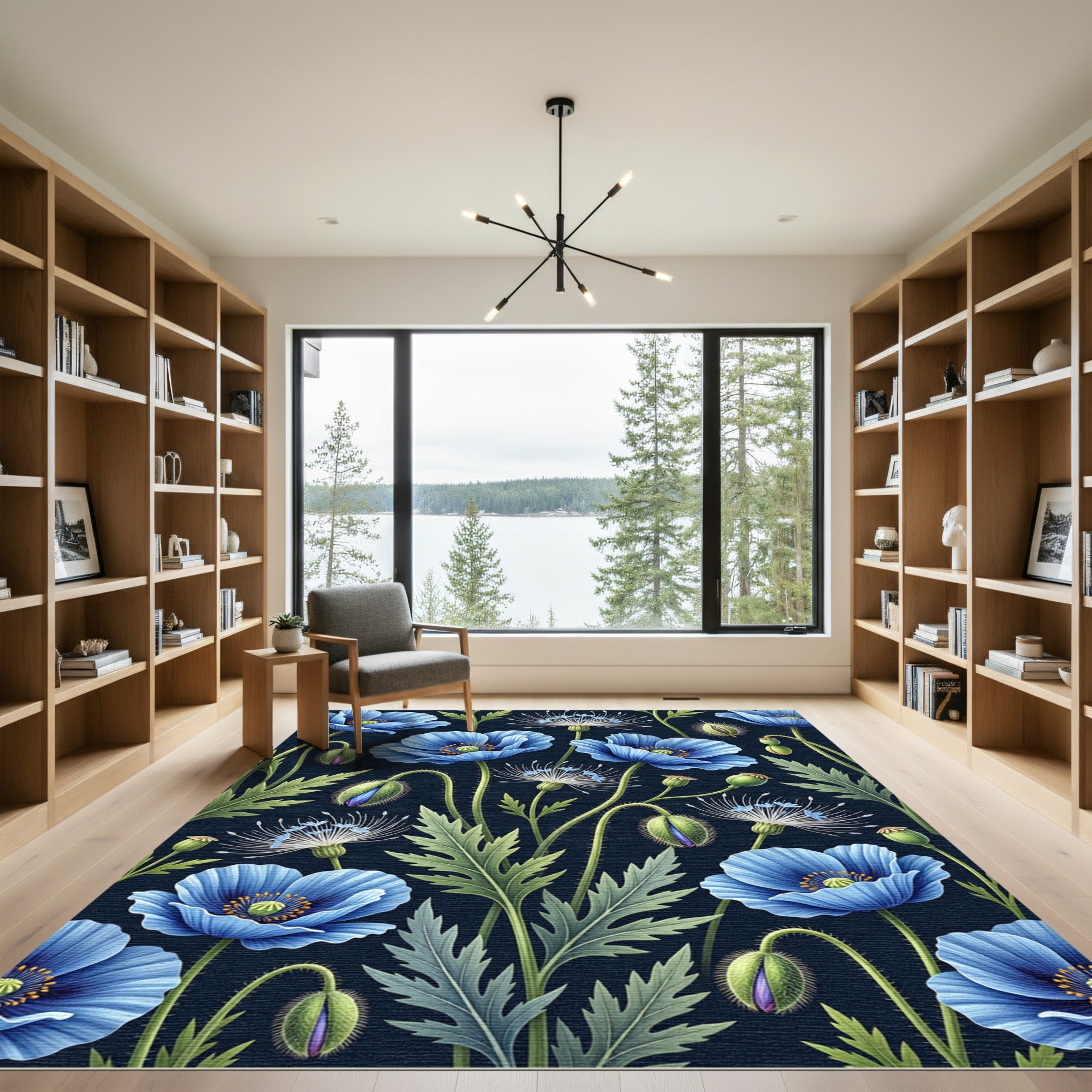 Botanical Blue Poppy Midnight Garden Rug