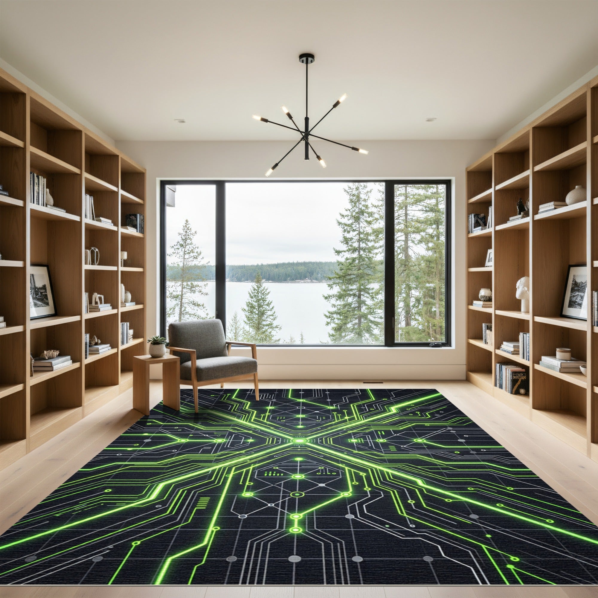 Neon Green Cyber Circuit Symmetry Rug