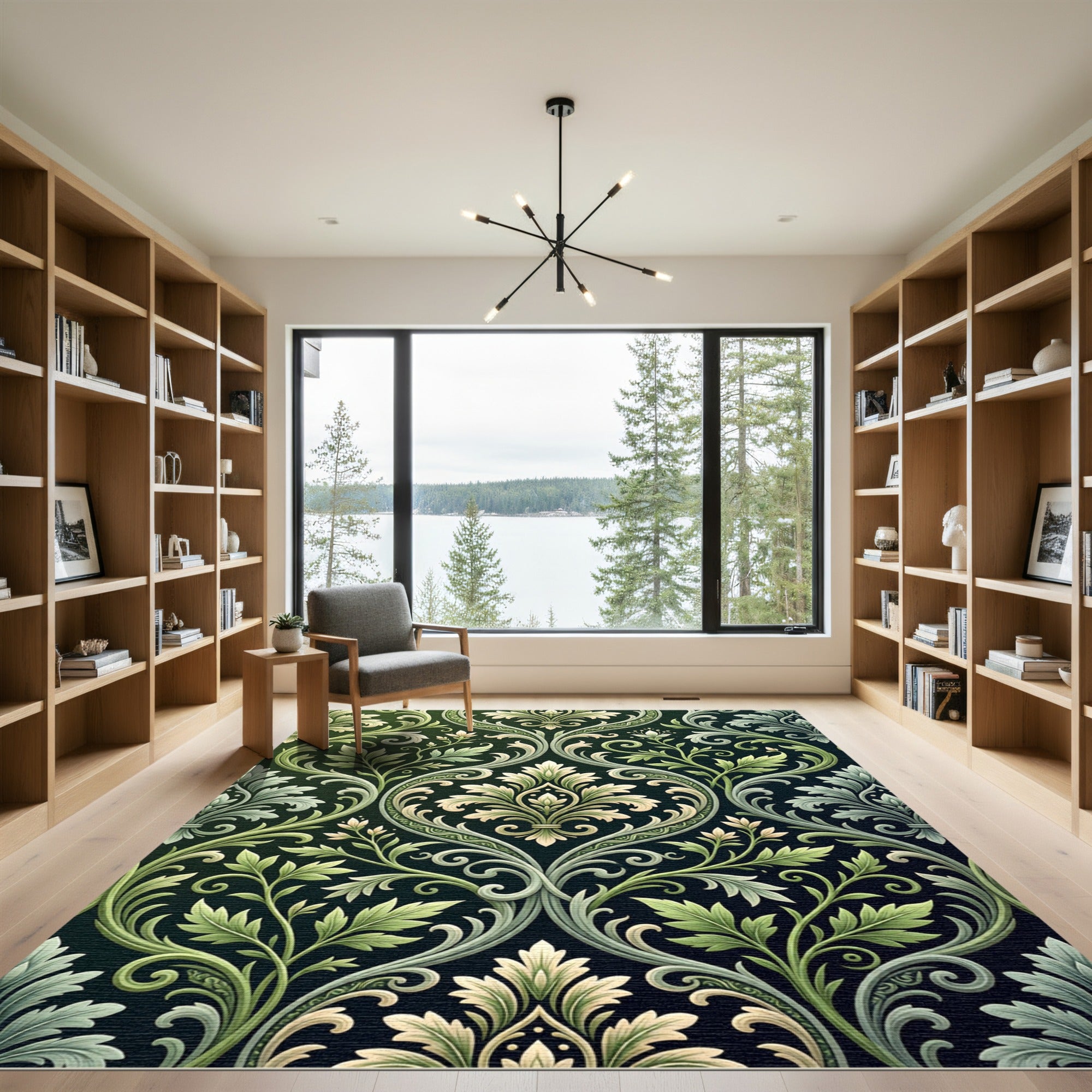 Emerald Olive Damask Foliage Scroll Rug