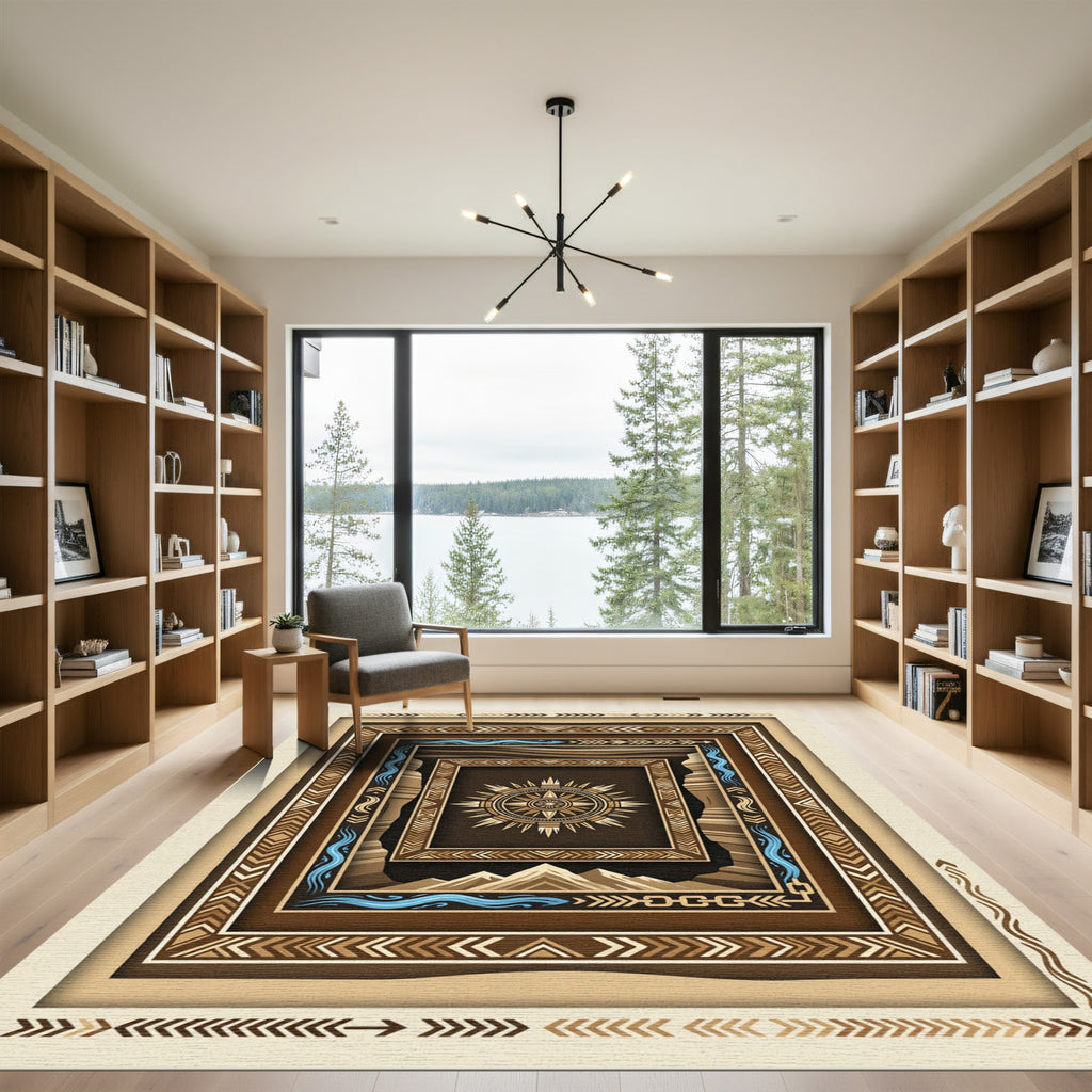 Earthy Geometric Compass Mountain Border Rug