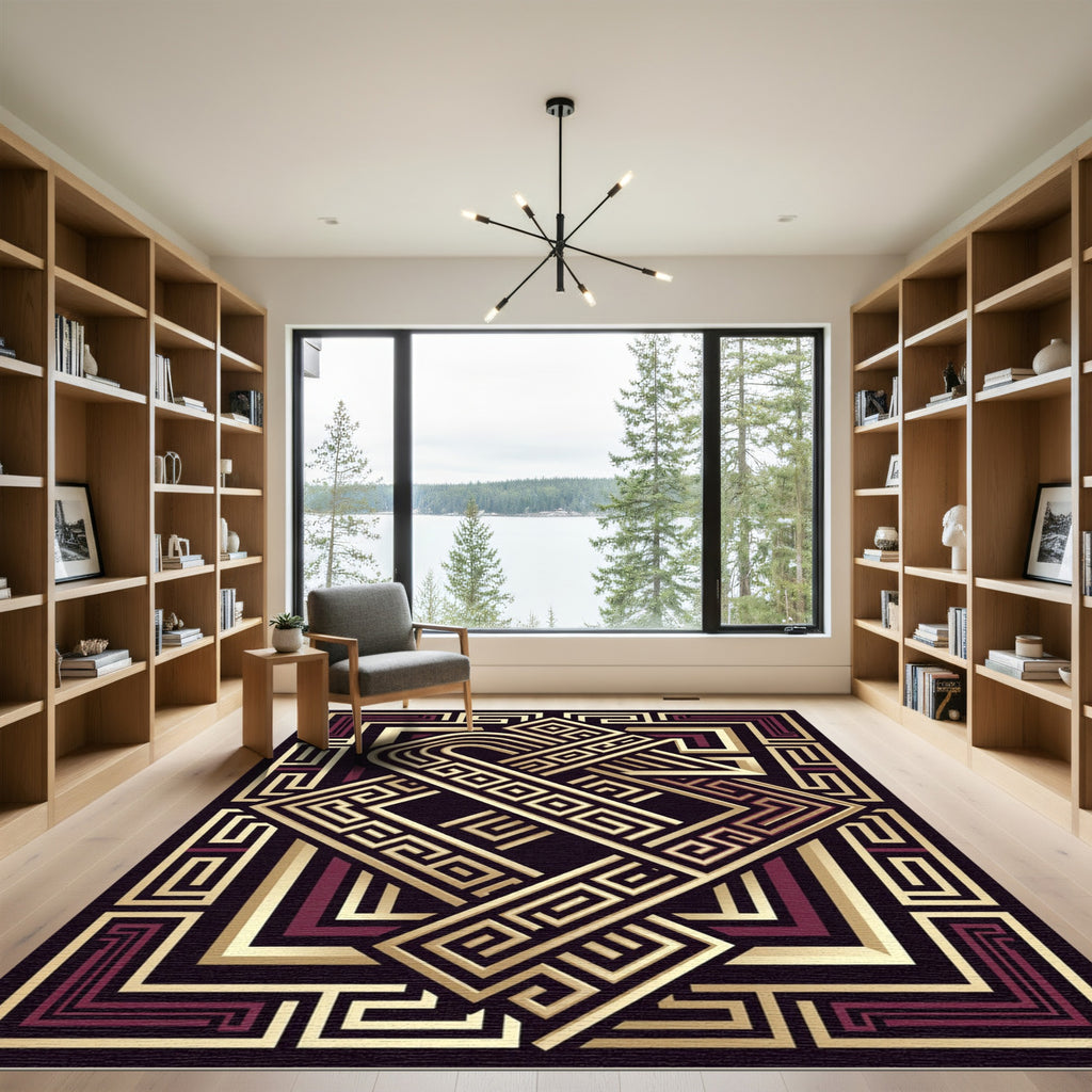 Bold Geometric Gold Maroon Swirl Rug