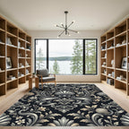 Ornate Black Floral Scroll Ribbon Rug