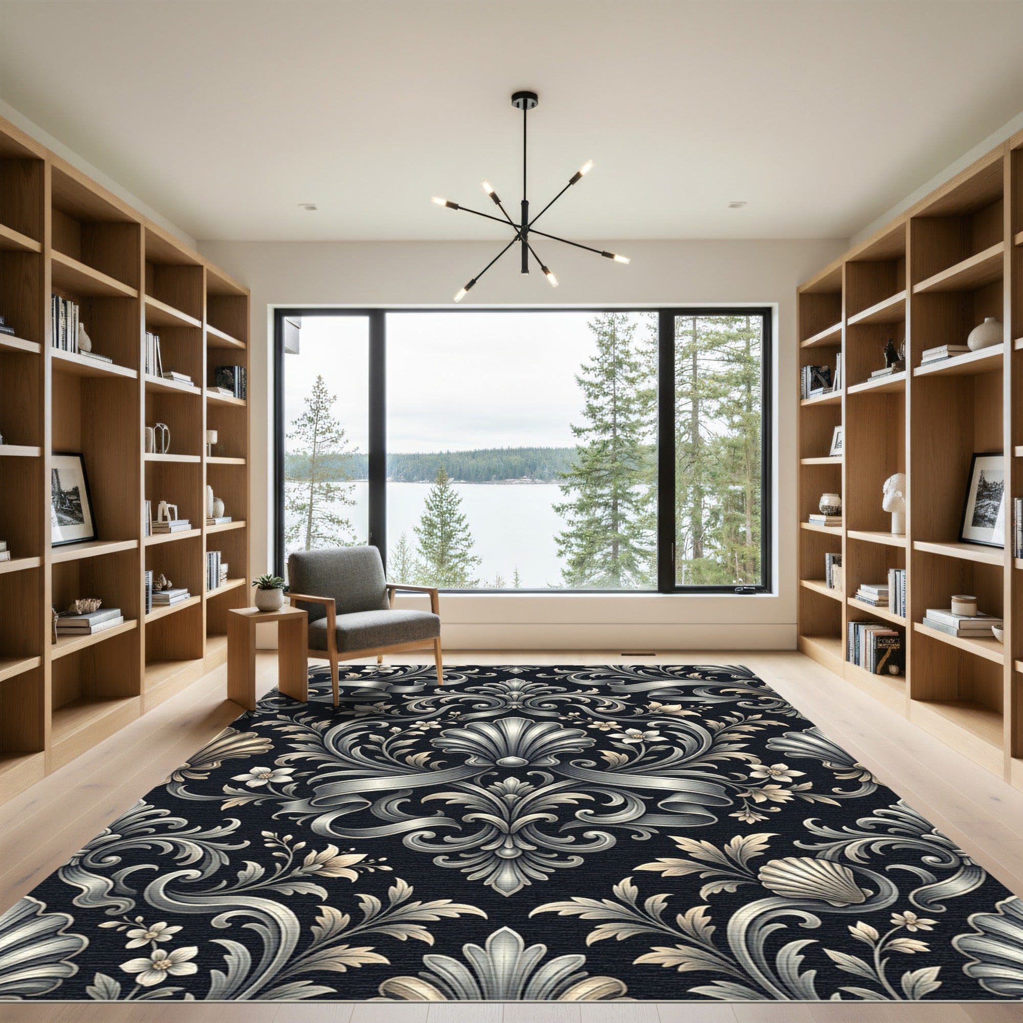 Ornate Black Floral Scroll Ribbon Rug