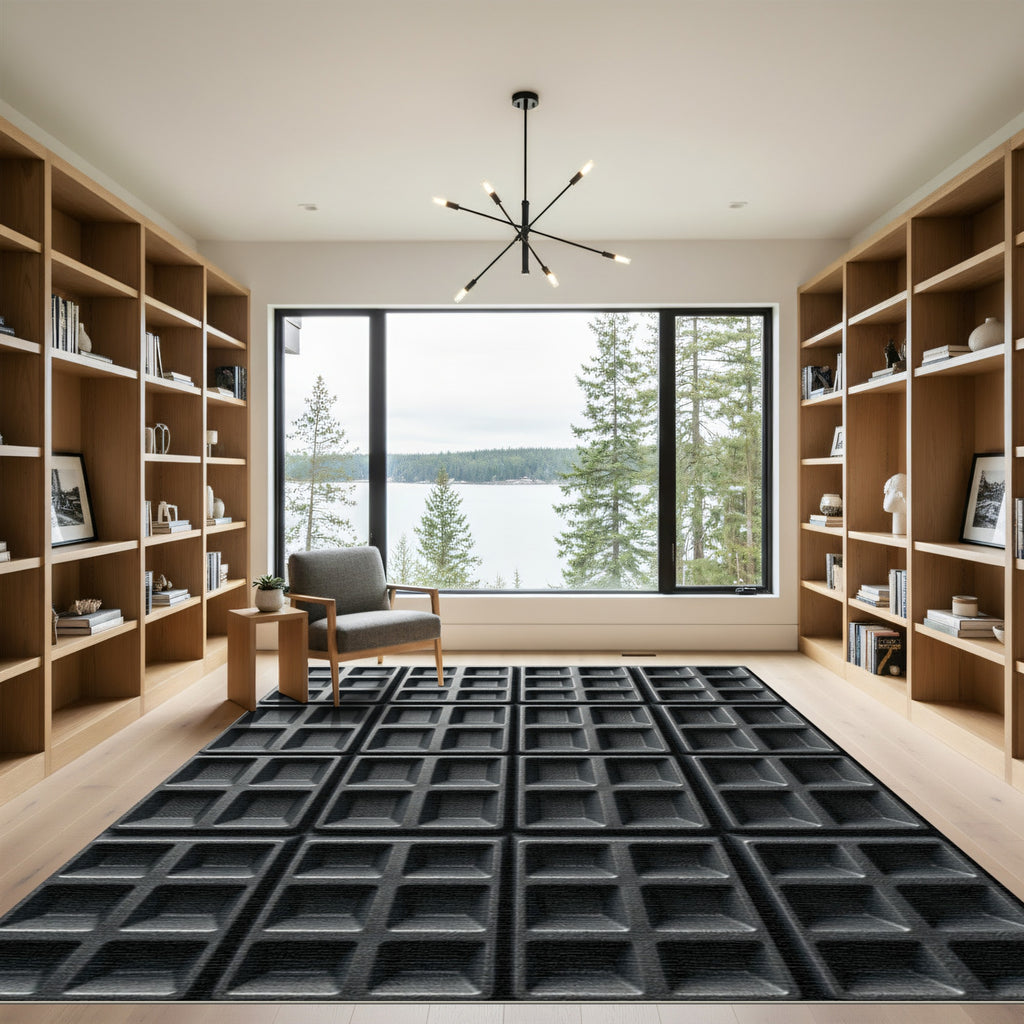 Charcoal Matte Geometric Grid Relief Rug