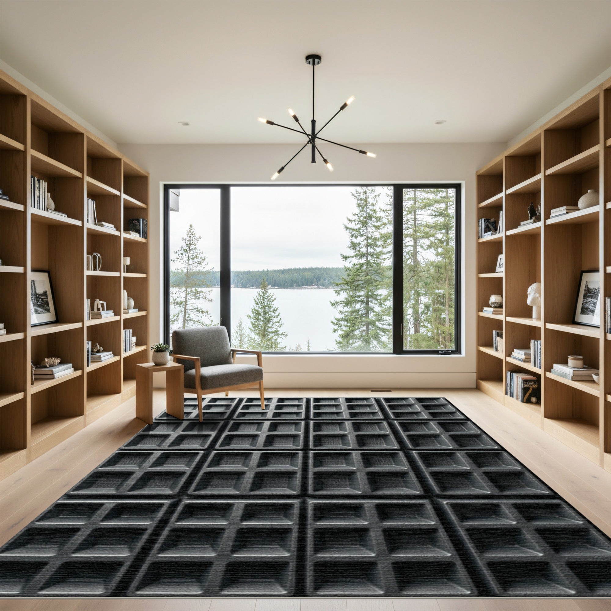 Charcoal Matte Geometric Grid Relief Rug