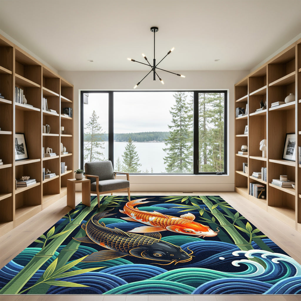 Vibrant Koi Fish and Bamboo Waves Rug