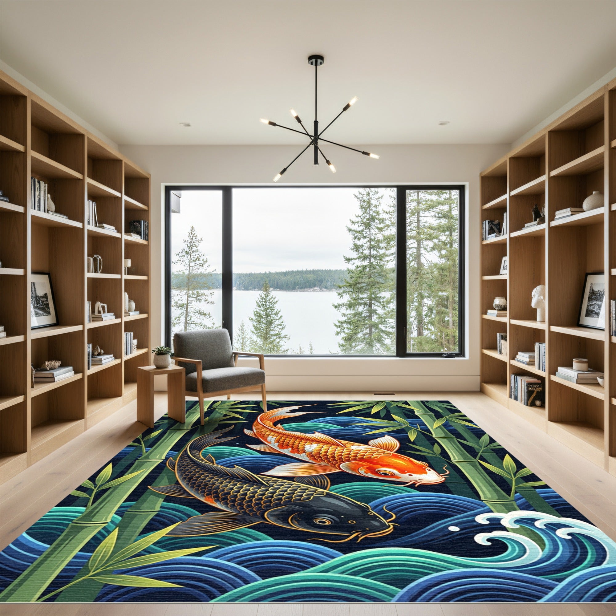 Vibrant Koi Fish and Bamboo Waves Rug