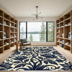 Navy Floral Botanical Scroll Art Rug