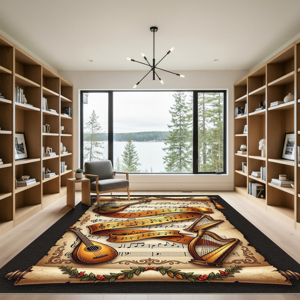 Golden Musical Scroll and Instrument Art Rug