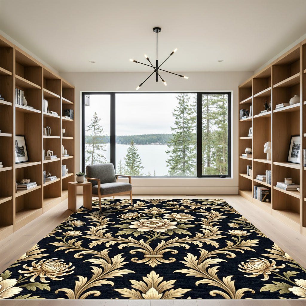 Ornate Gold Floral Damask Rug