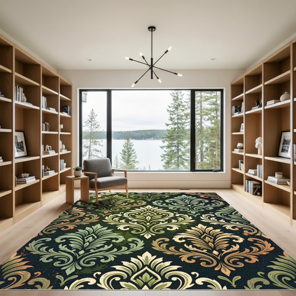 Earthy Green Damask Ornate Foliage Rug