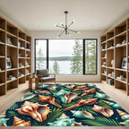 Tropical Teal Seashell and Leaf Illustration Rug