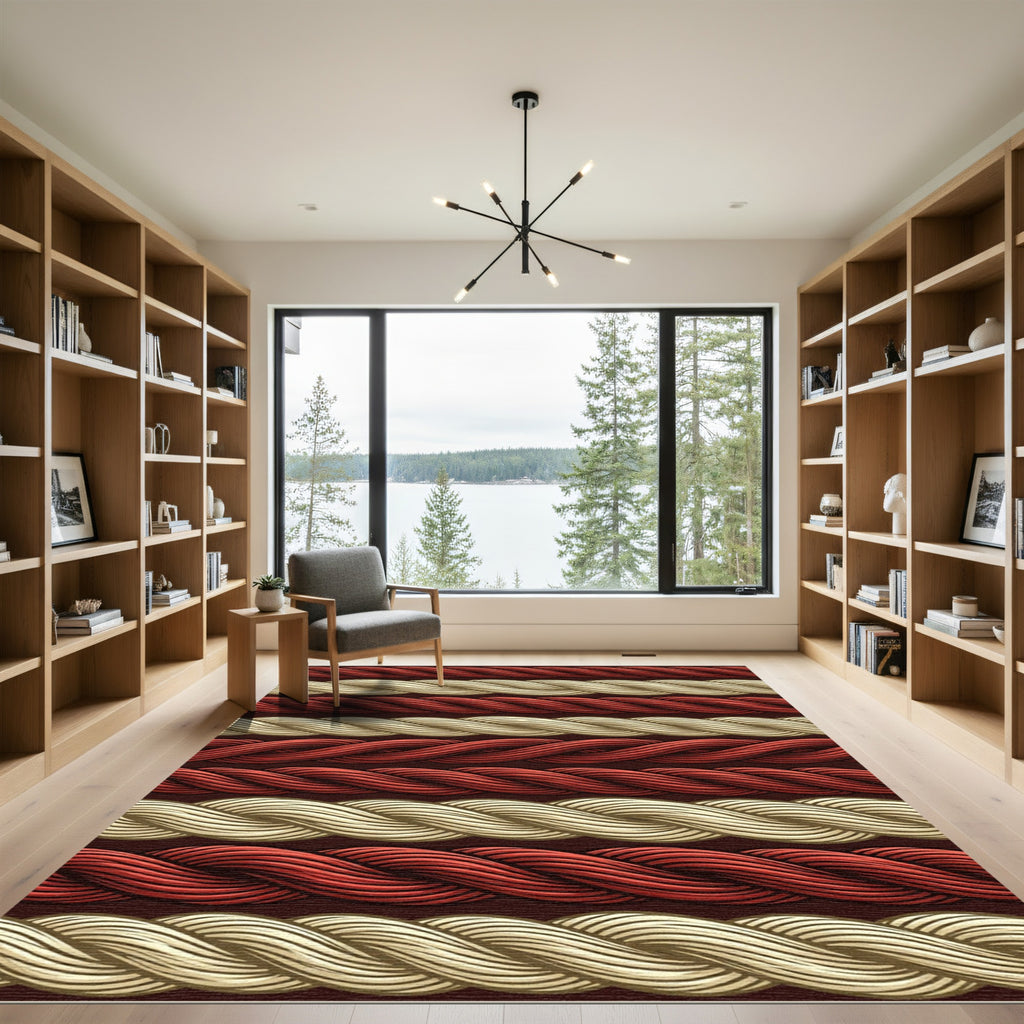 Braided Cream and Red Rope Stripes Rug