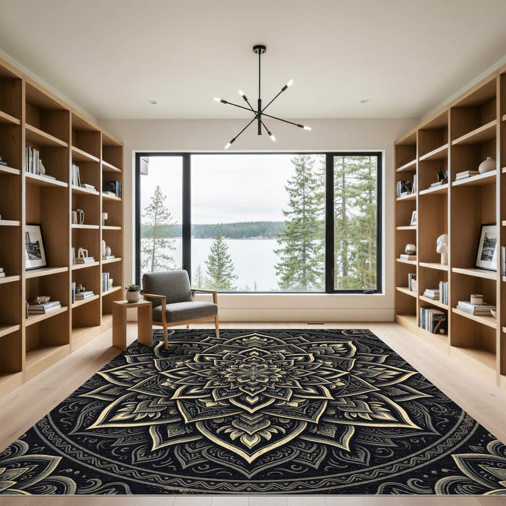 Sophisticated Charcoal and Gold Mandala Rug