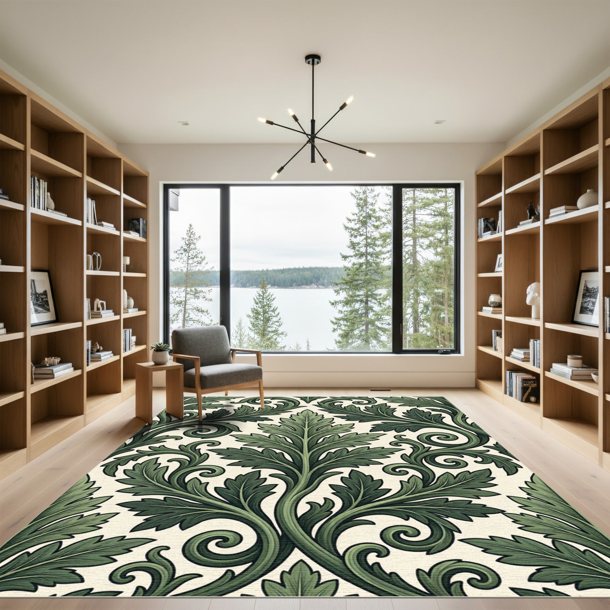 Classic Forest Green Acanthus Leaf Damask Rug