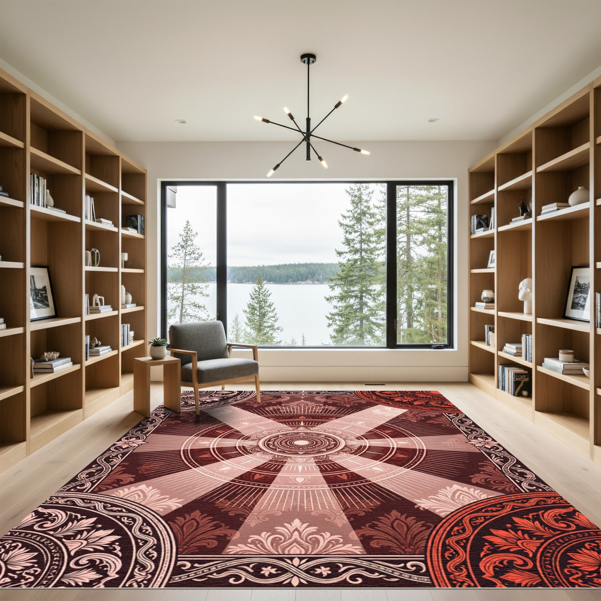 Radiant Crimson Floral Sunburst Medallion Rug