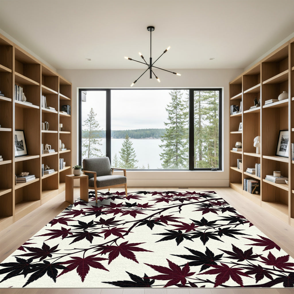 Dark Crimson Japanese Maple Branch Illustration Rug