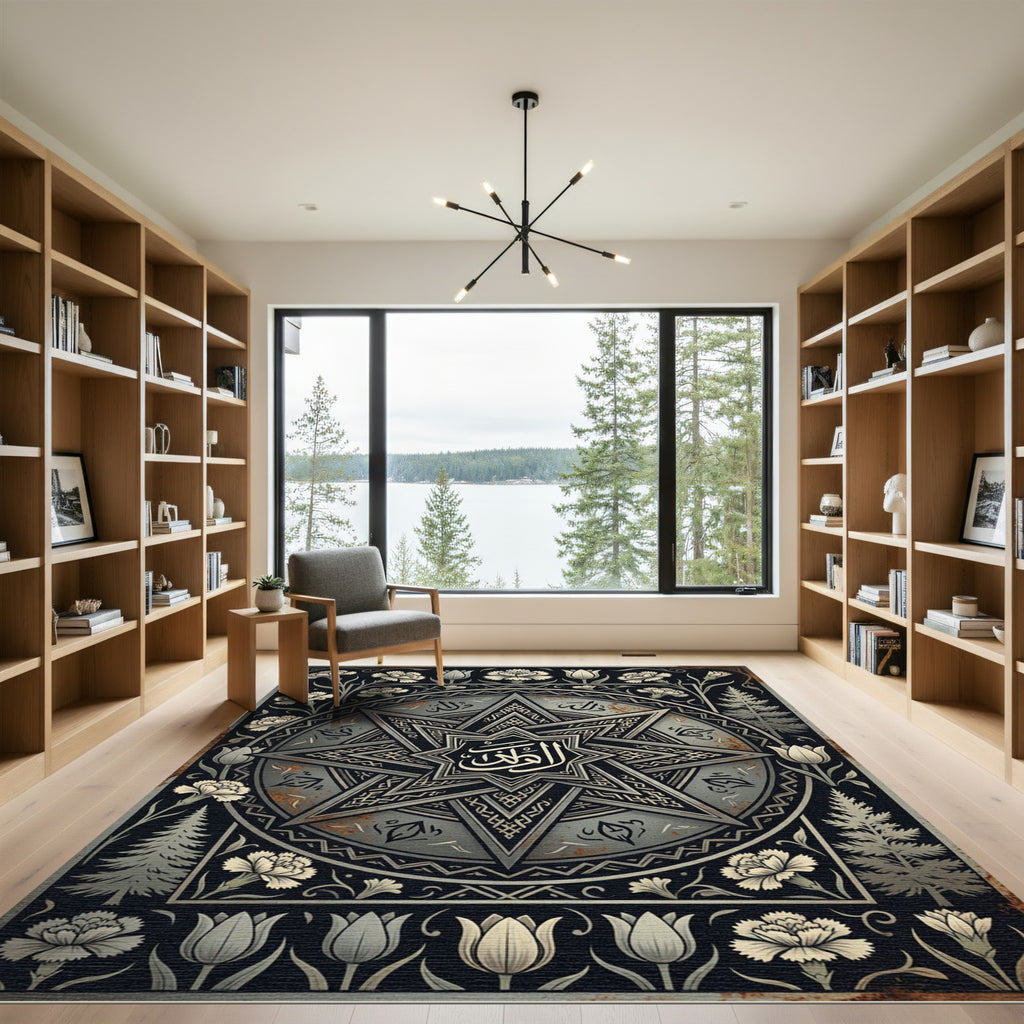 Monochromatic Floral Star Geometric Medallion Rug