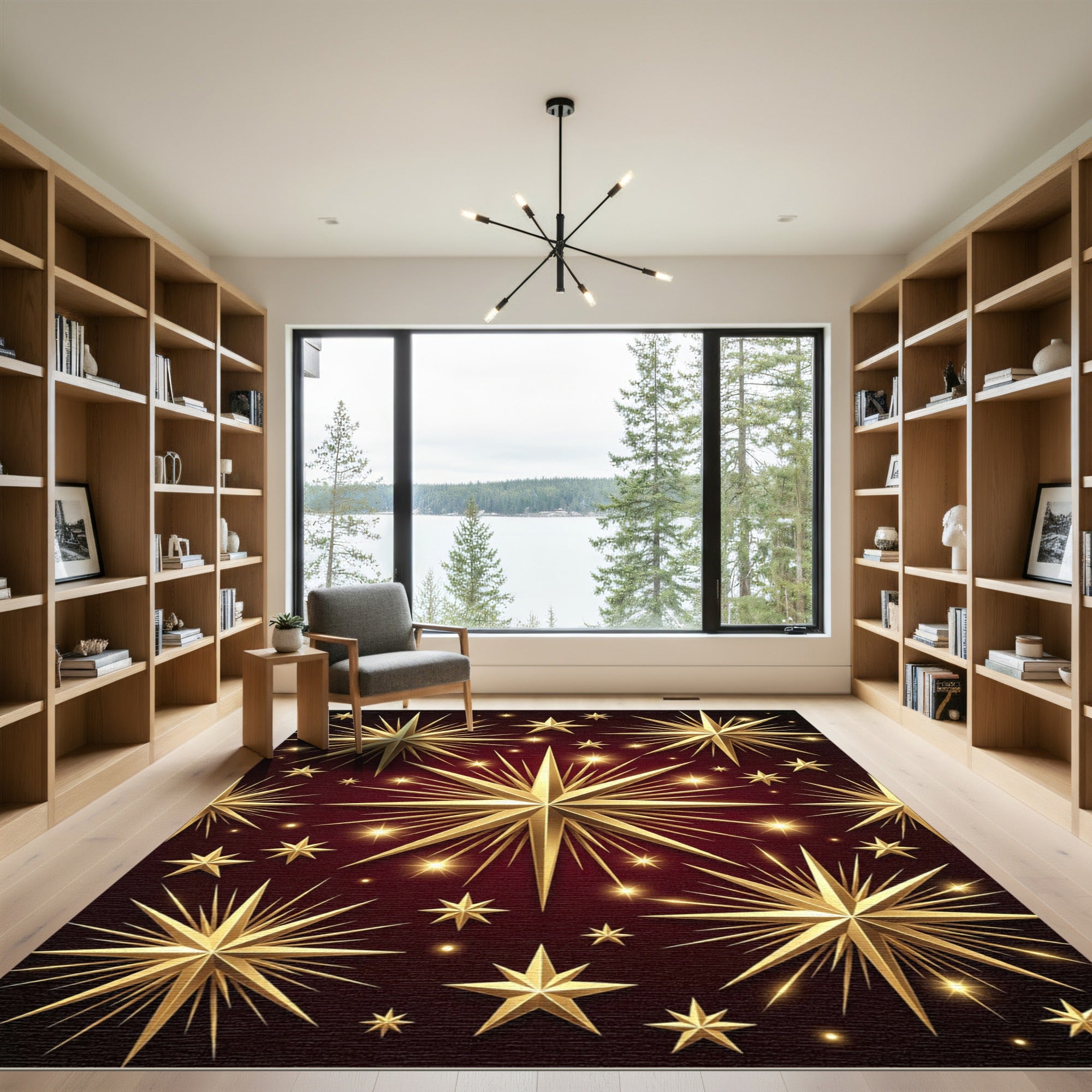 Golden Spiky Stars Dark Red Cosmos Rug