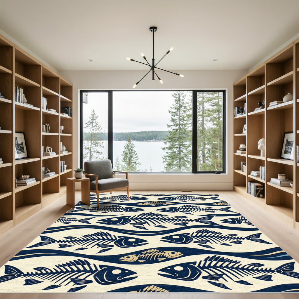 Navy Blue Skeletal Fish Wave Composition Rug