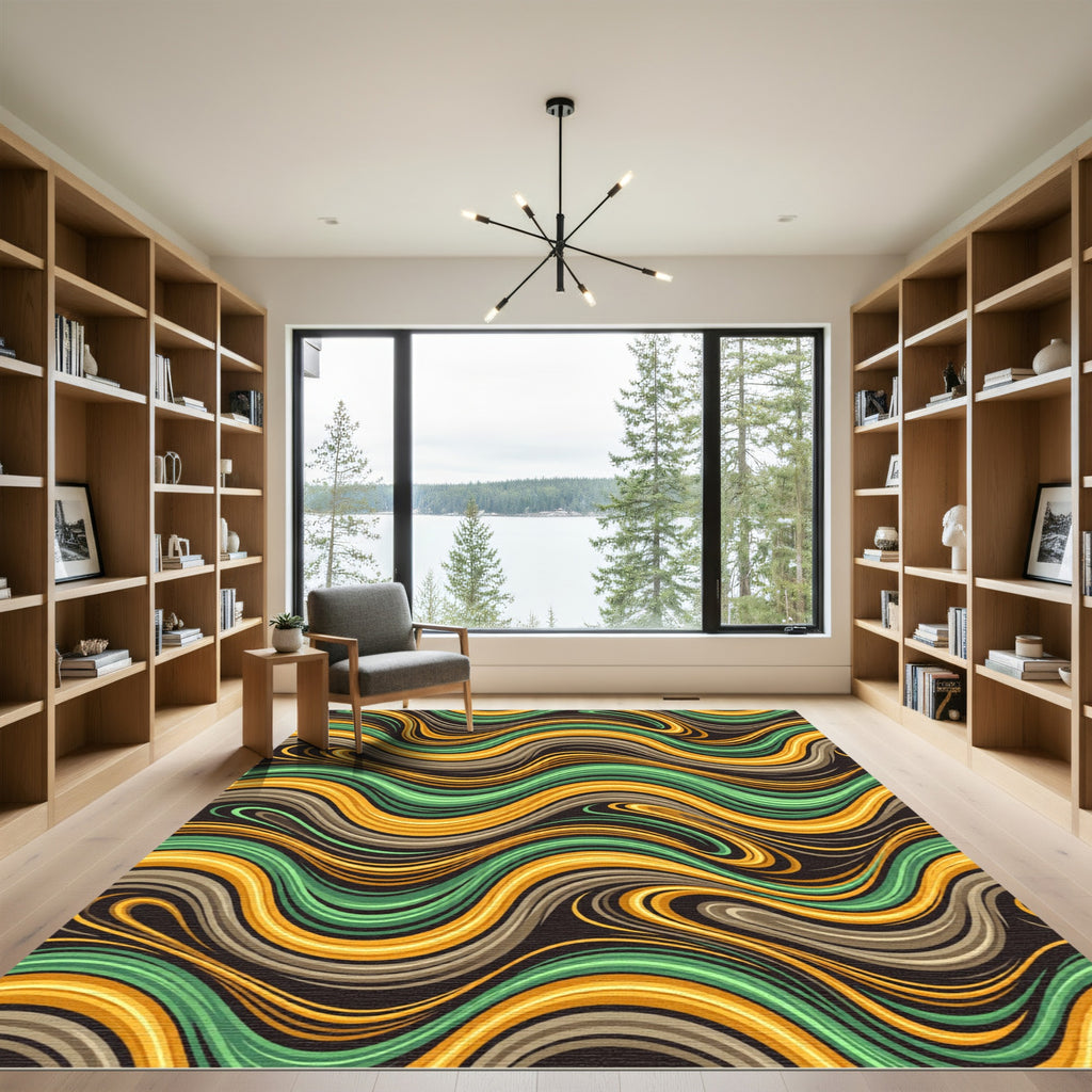 Abstract Ochre and Sage Wavy Lines Rug
