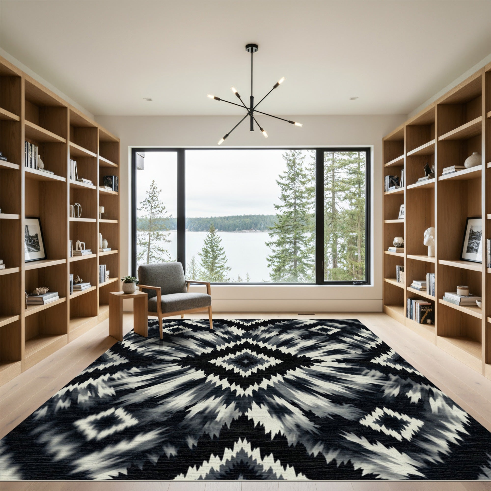 Black White Jagged Diamond Sunburst Rug