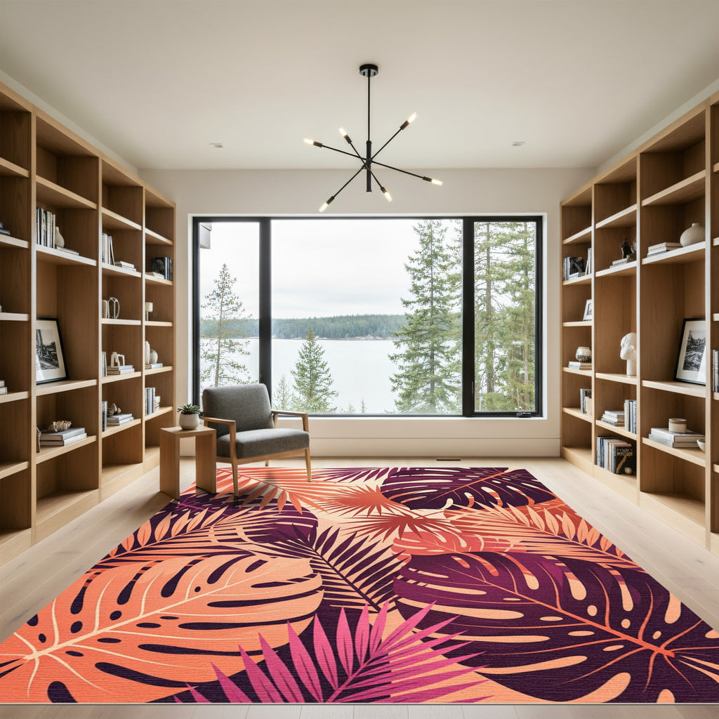 Vibrant Coral Tropical Leaf Collage Rug