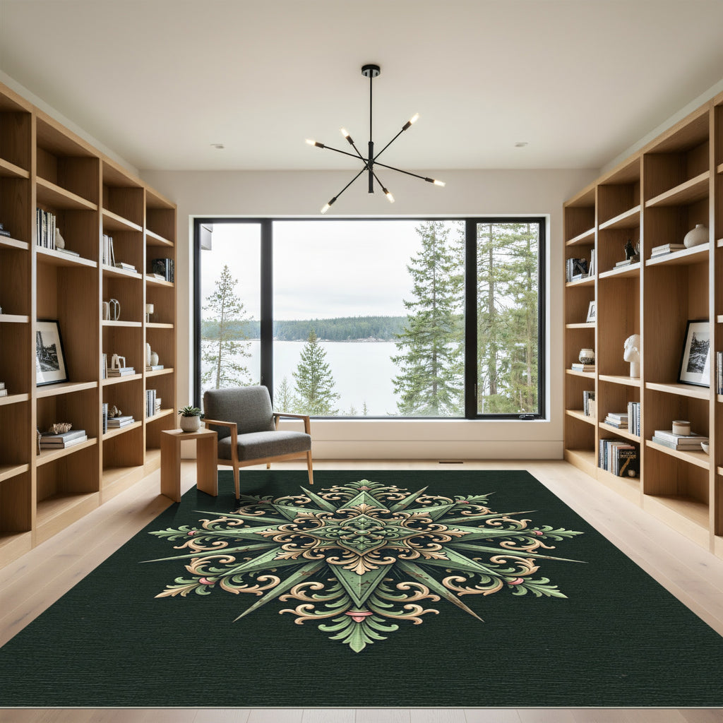 Ornate Sage Green Filigree Star Medallion Rug