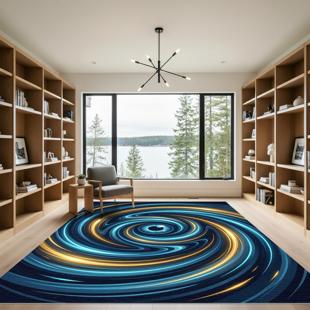 Luminous Cosmic Blue and Gold Vortex Rug