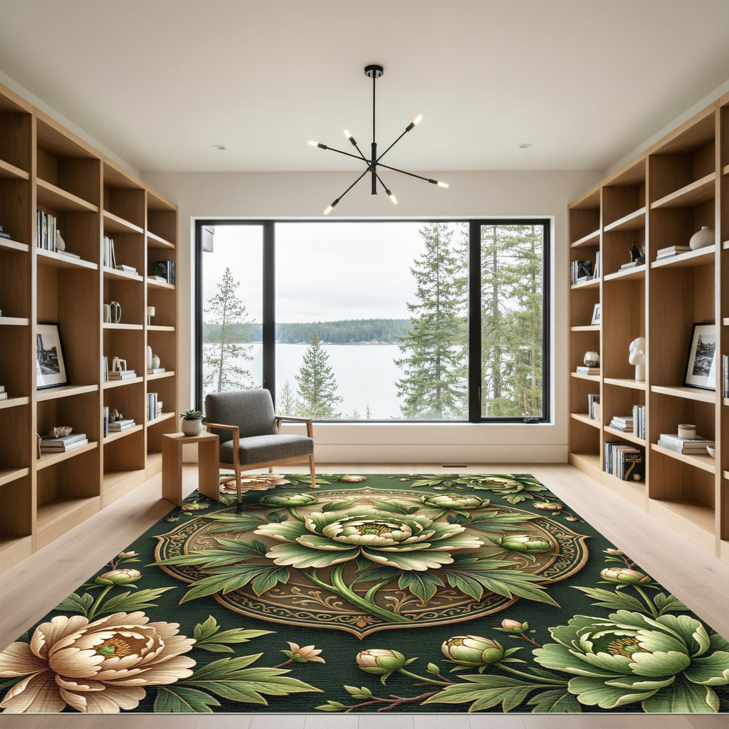 Emerald Green Peony Medallion Rug